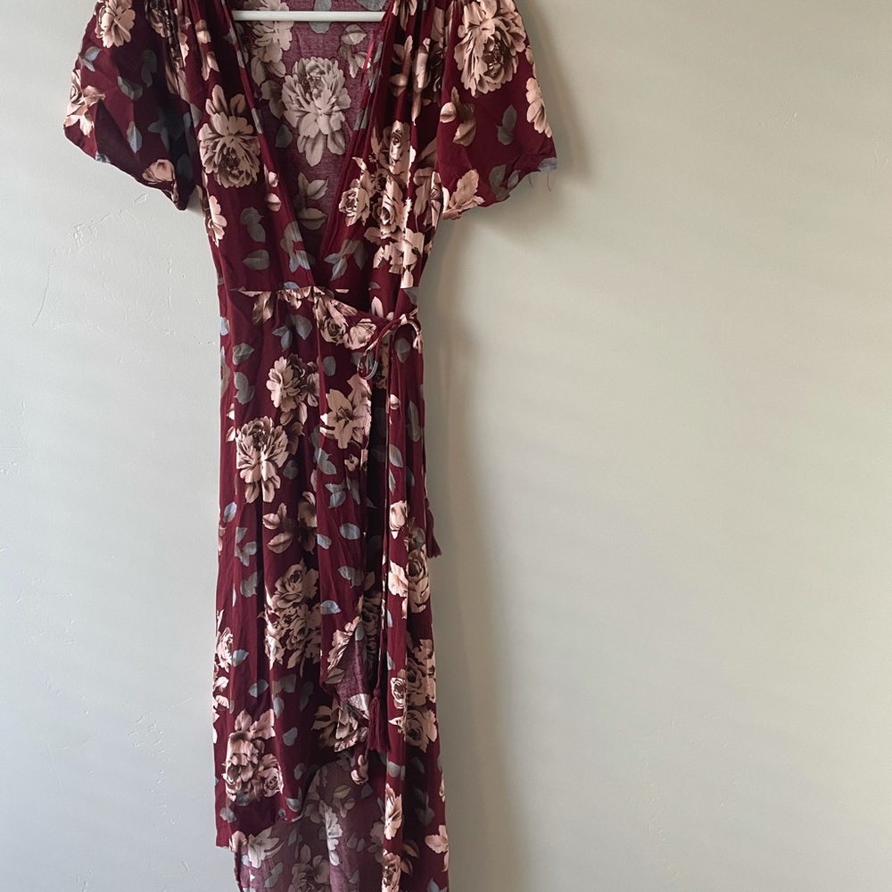 Red bohemian floral high low wrap dress cord